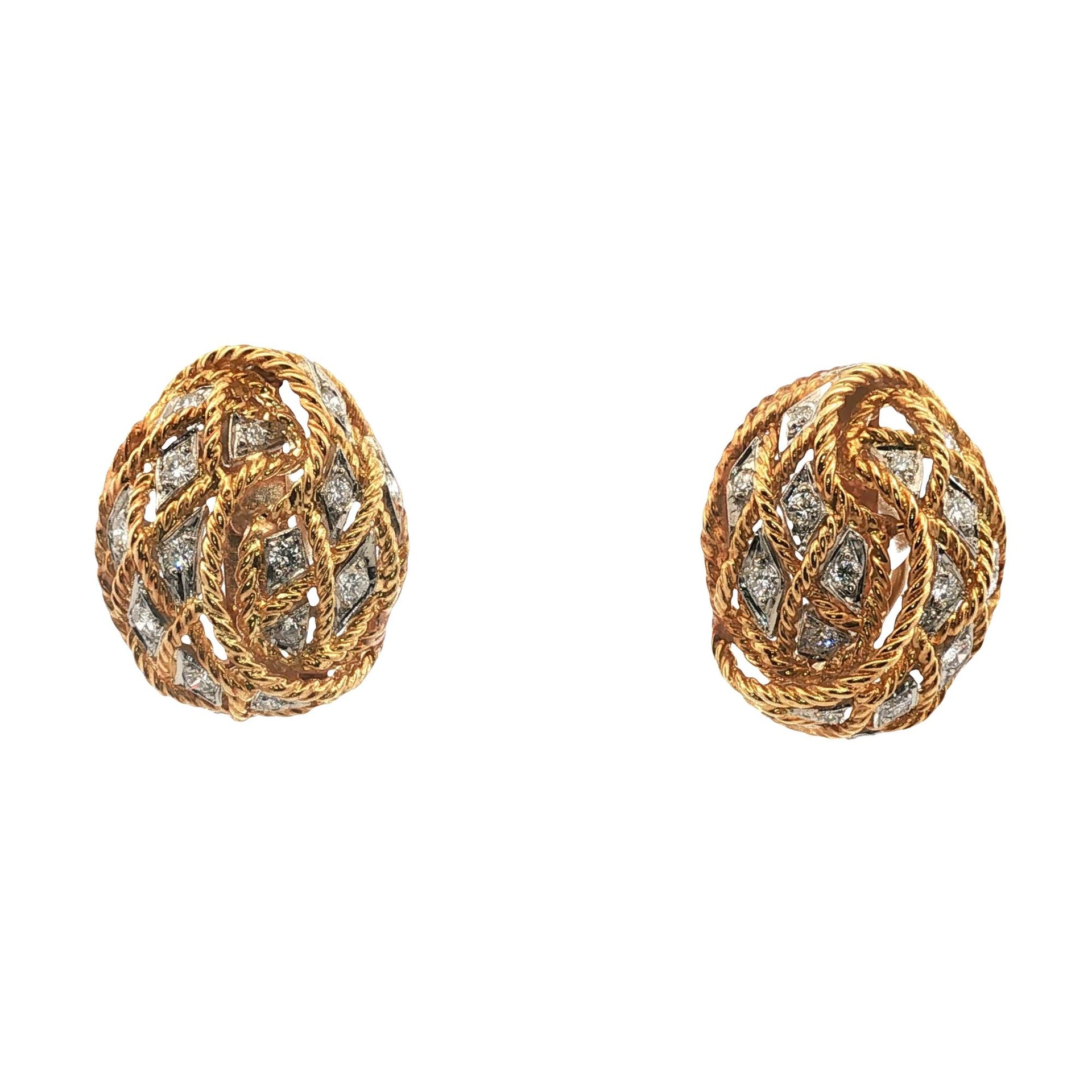 1960's Diamond 18 Karat Yellow Gold Rope Oval Leverback Vintage Earrings