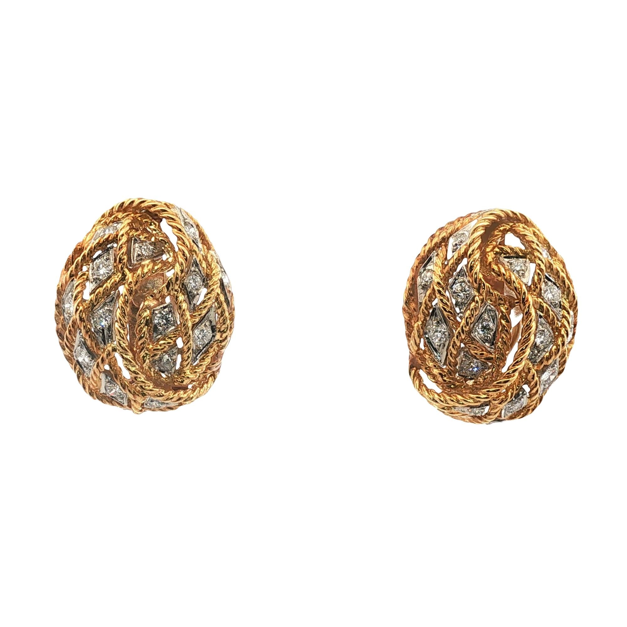1960's Diamond 18 Karat Yellow Gold Rope Oval Leverback Vintage Earrings
