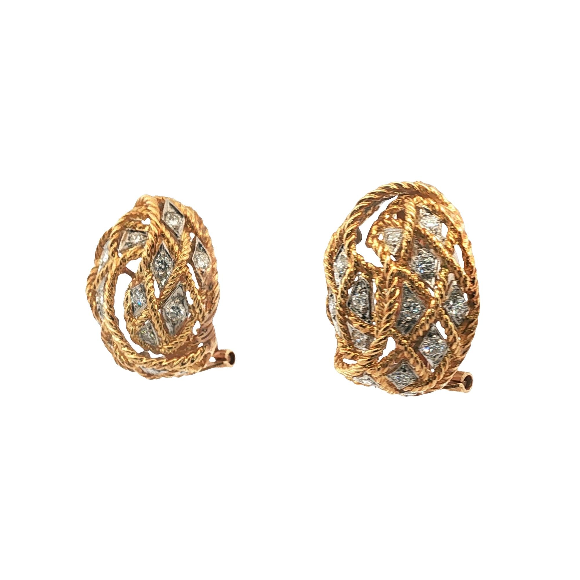 1960's Diamond 18 Karat Yellow Gold Rope Oval Leverback Vintage Earrings