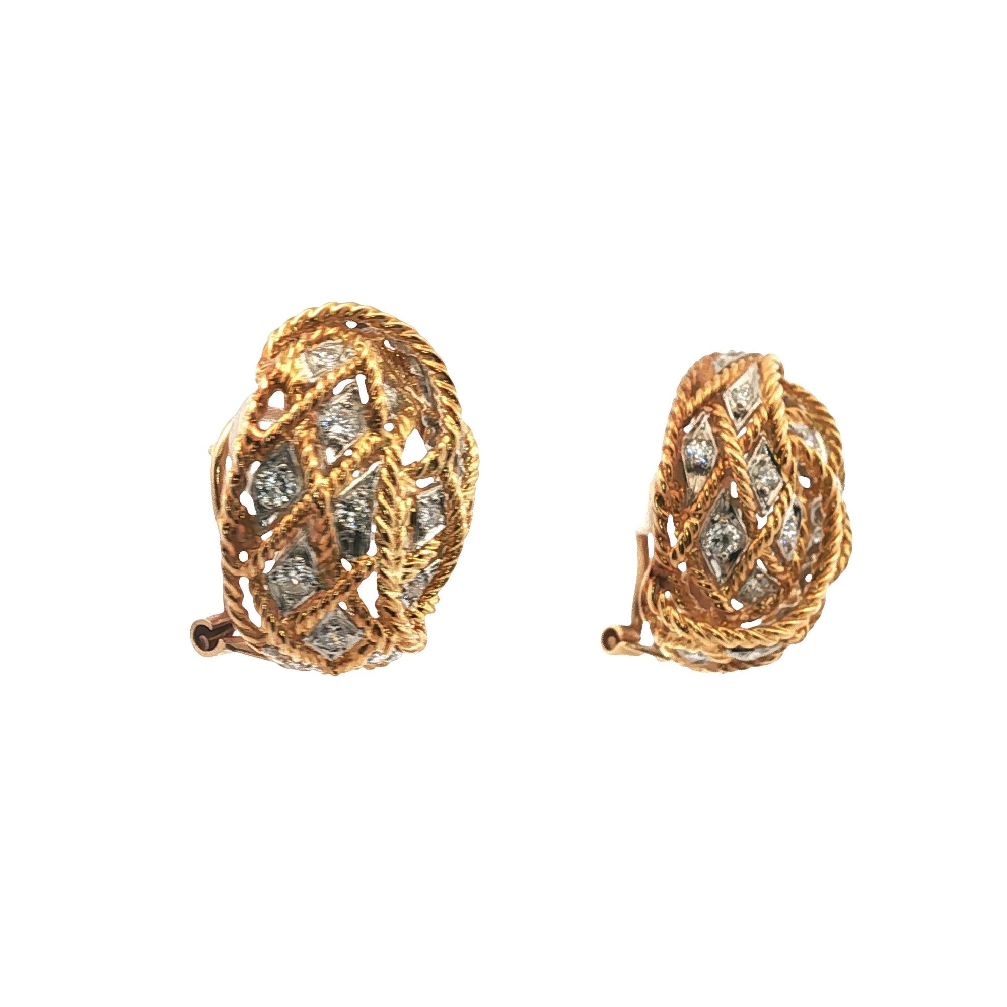 1960's Diamond 18 Karat Yellow Gold Rope Oval Leverback Vintage Earrings