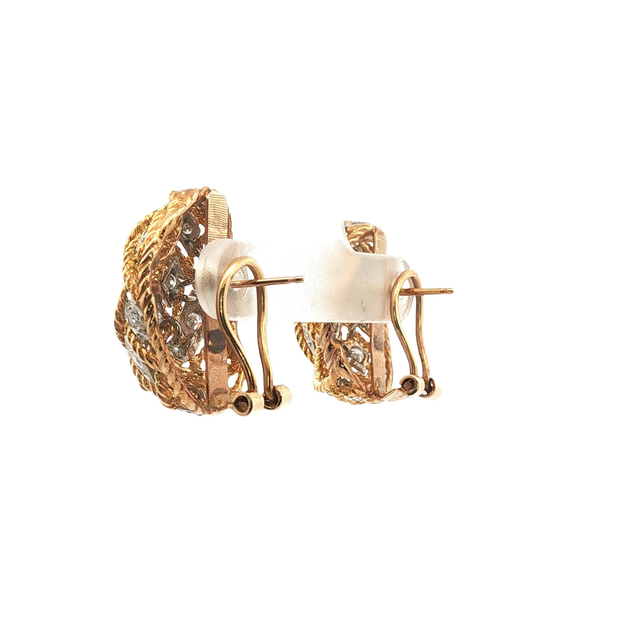 1960's Diamond 18 Karat Yellow Gold Rope Oval Leverback Vintage Earrings