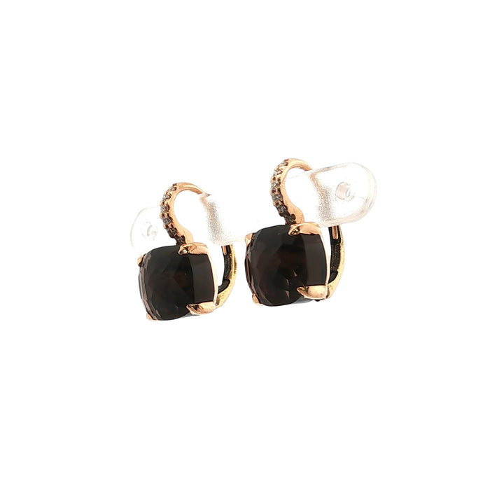 18 Karat Yellow Gold Diamond Faceted Cushion Smokey Quartz Drop Earrings
