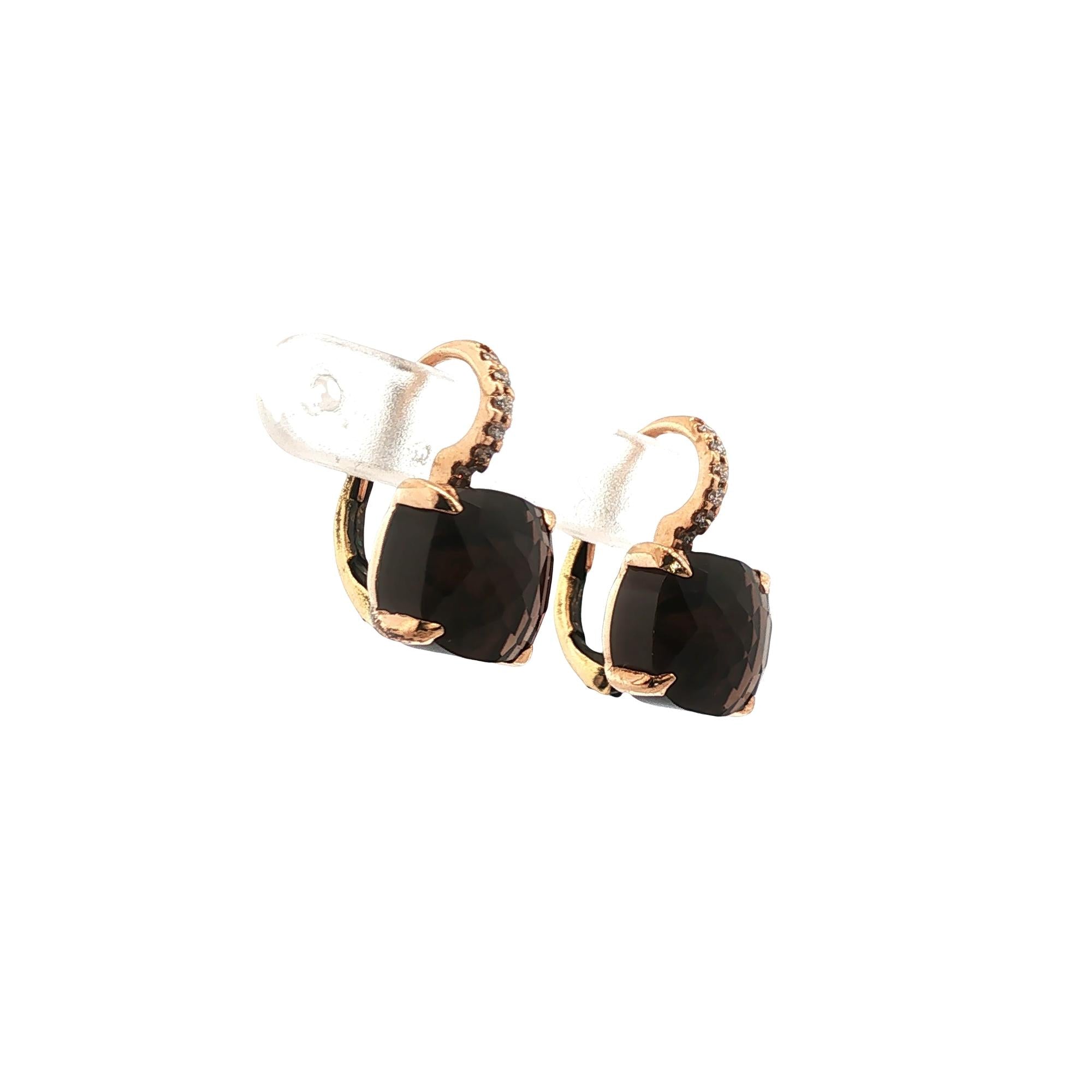 18 Karat Yellow Gold Diamond Faceted Cushion Smokey Quartz Drop Earrings