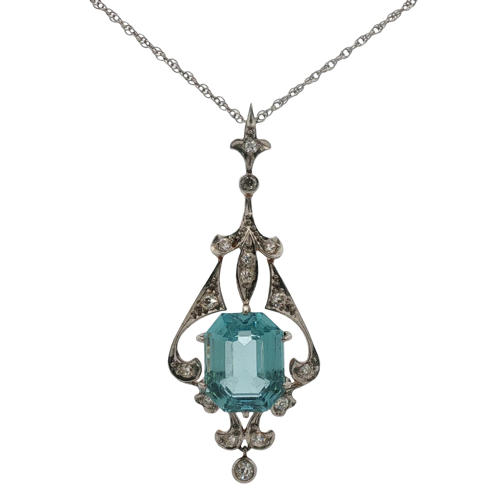 Edwardian Aquamarine Old Mine Cut Diamond Pendant Necklace 14KYG/Platinum