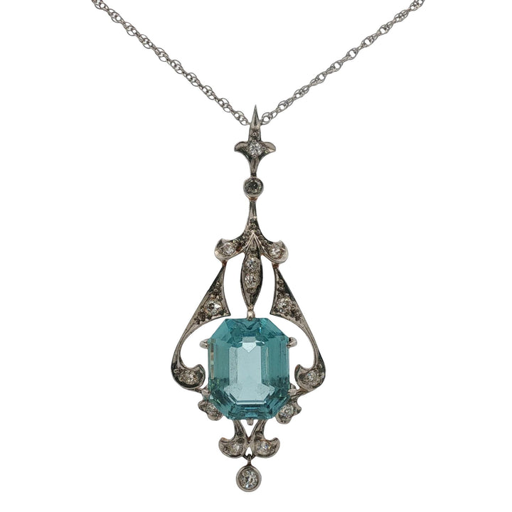 Edwardian Aquamarine Old Mine Cut Diamond Pendant Necklace 14KYG/Platinum
