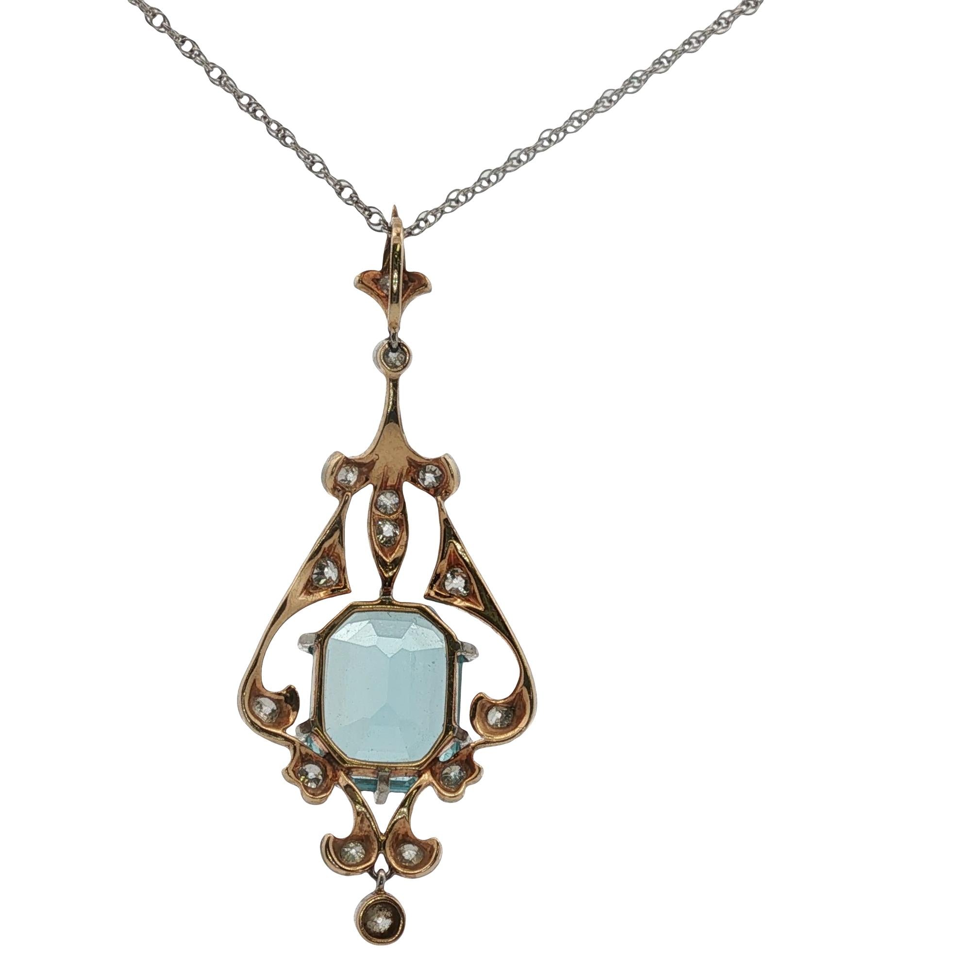 Edwardian Aquamarine Old Mine Cut Diamond Pendant Necklace 14KYG/Platinum