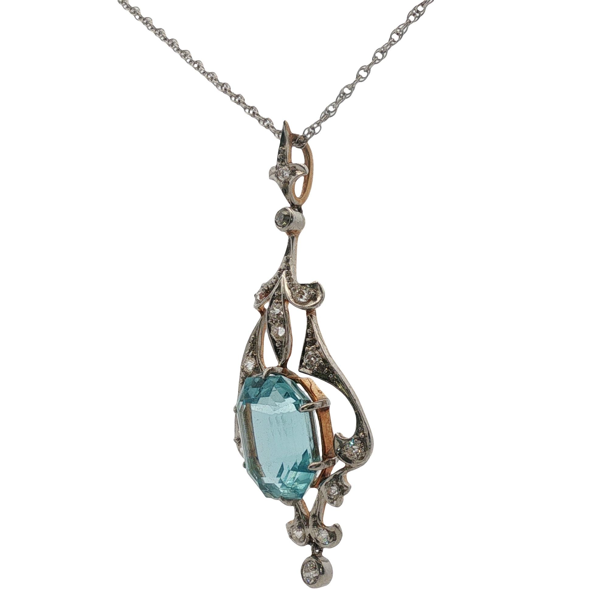 Edwardian Aquamarine Old Mine Cut Diamond Pendant Necklace 14KYG/Platinum