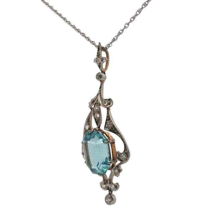 Edwardian Aquamarine Old Mine Cut Diamond Pendant Necklace 14KYG/Platinum