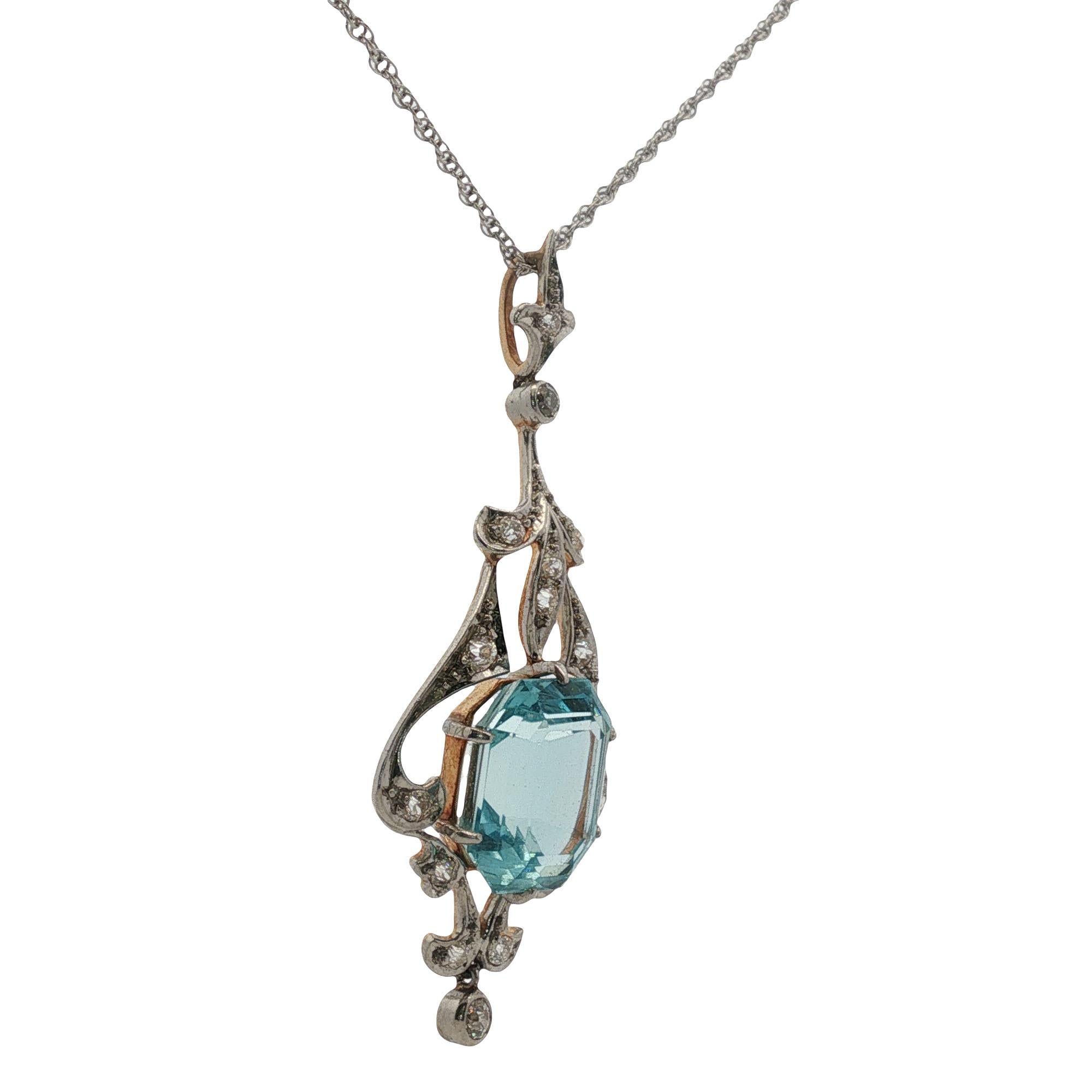 Edwardian Aquamarine Old Mine Cut Diamond Pendant Necklace 14KYG/Platinum