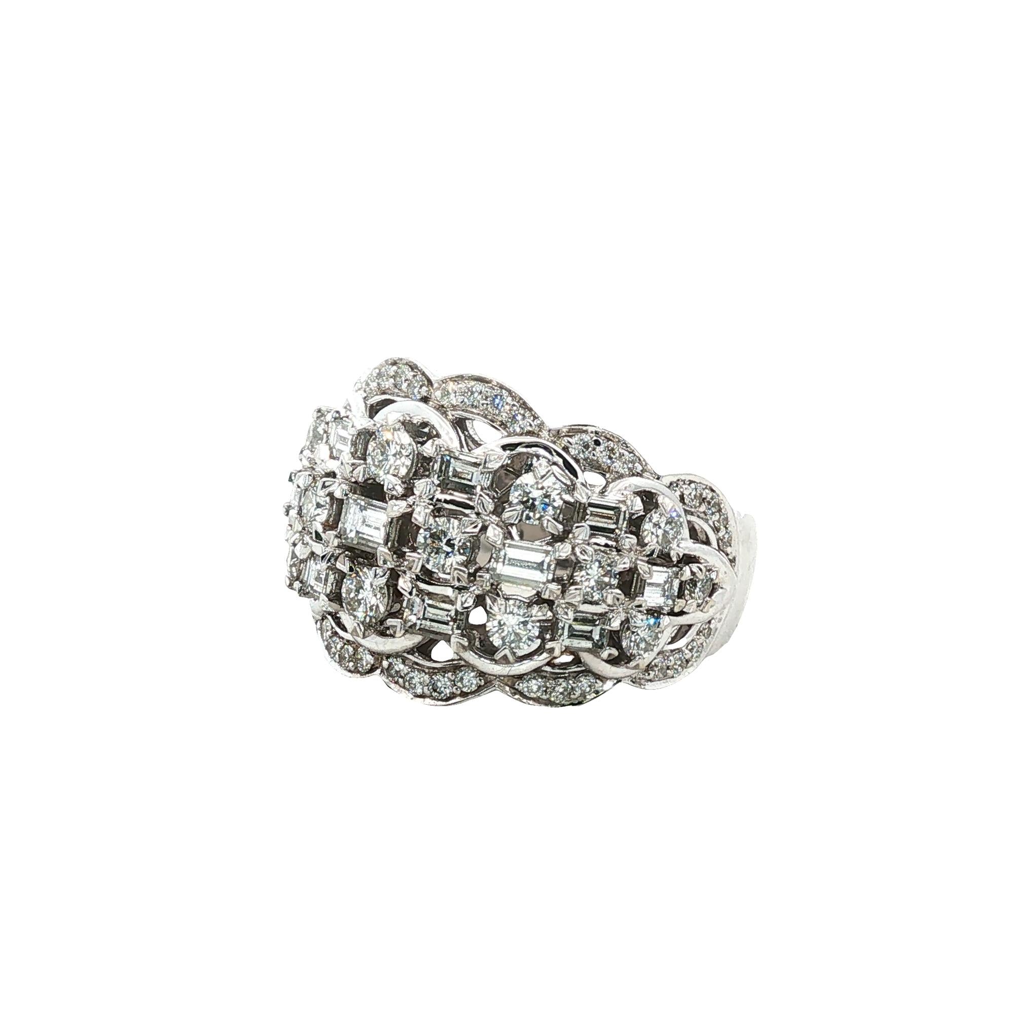 2 CTW Round Brilliant & Emerald Cut White Gold Vintage Band Ring