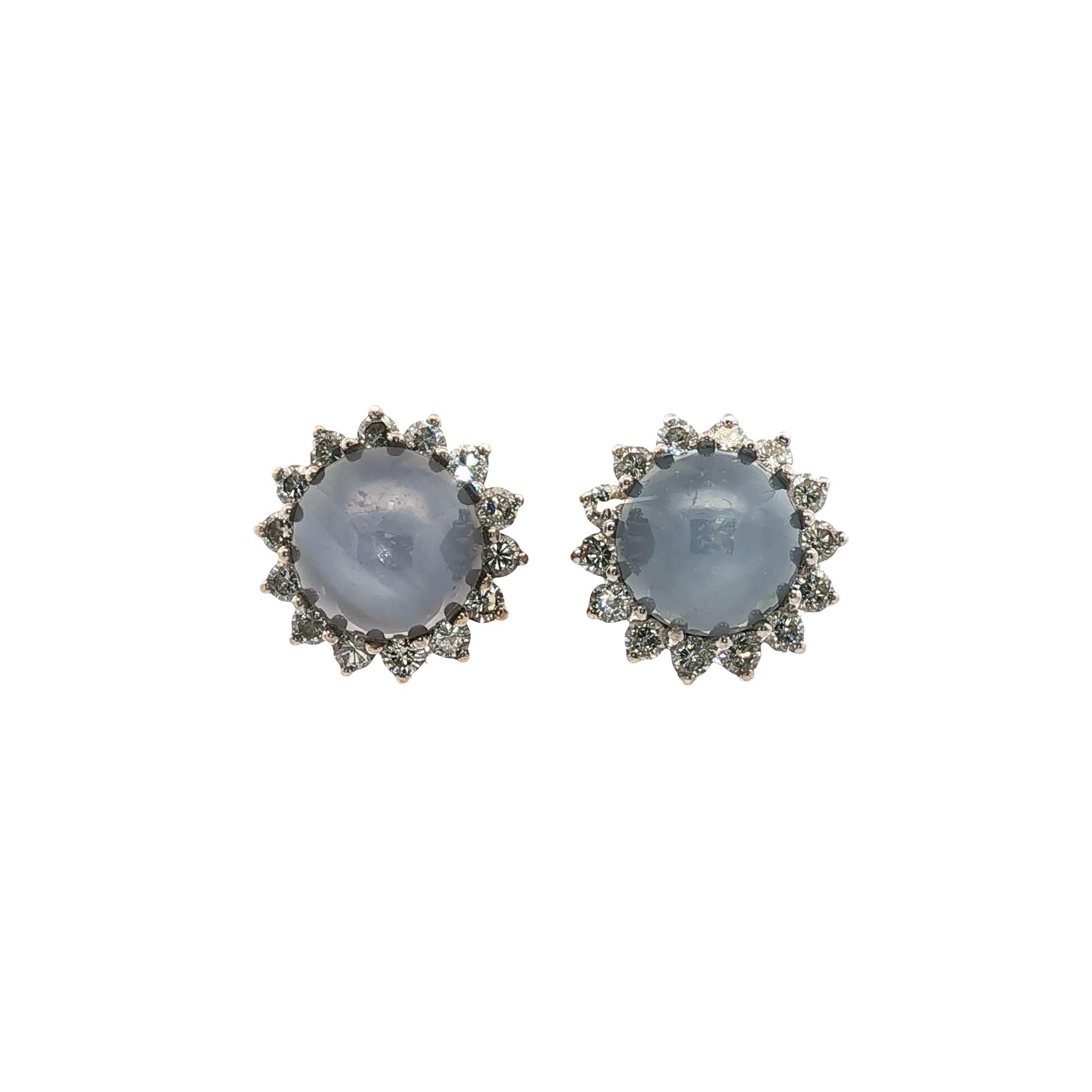 Star Sapphire Diamond 14 Karat White Gold Vintage Stud Earrings