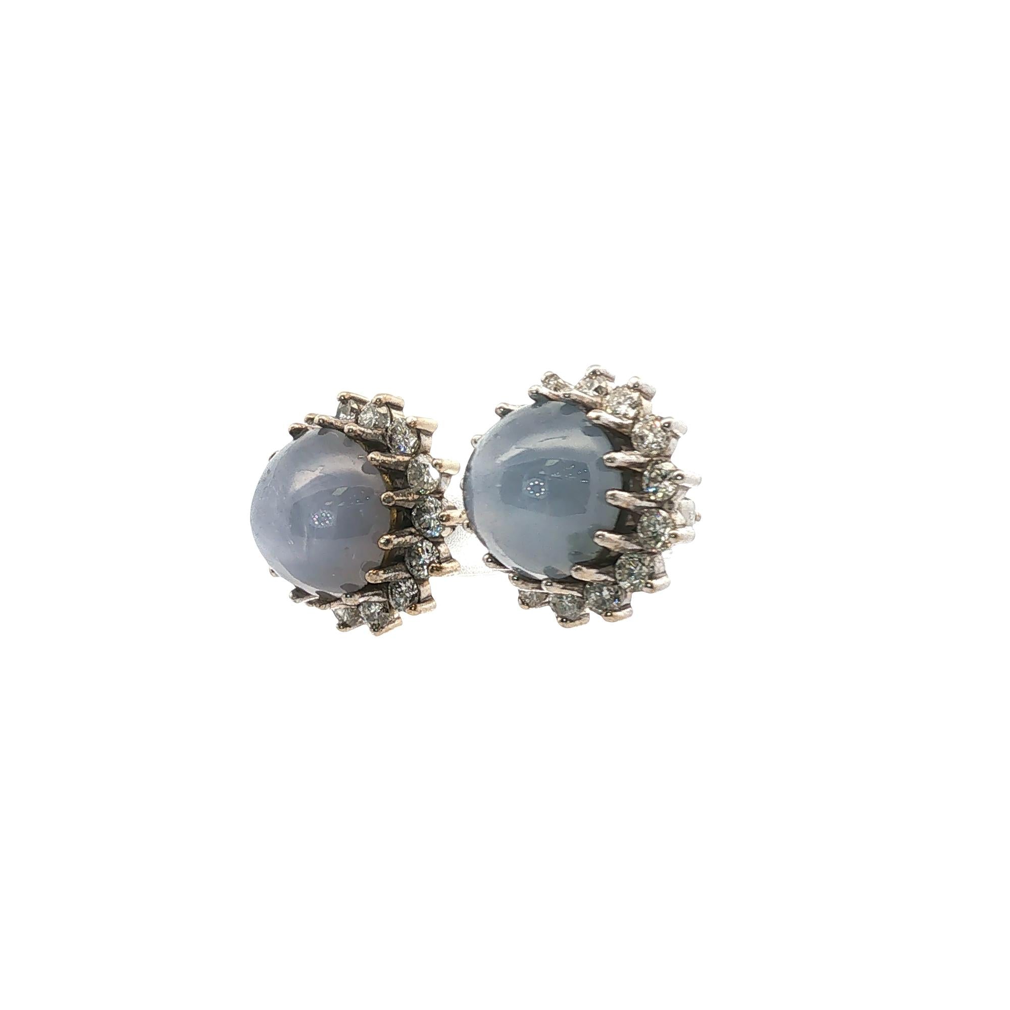 Star Sapphire Diamond 14 Karat White Gold Vintage Stud Earrings