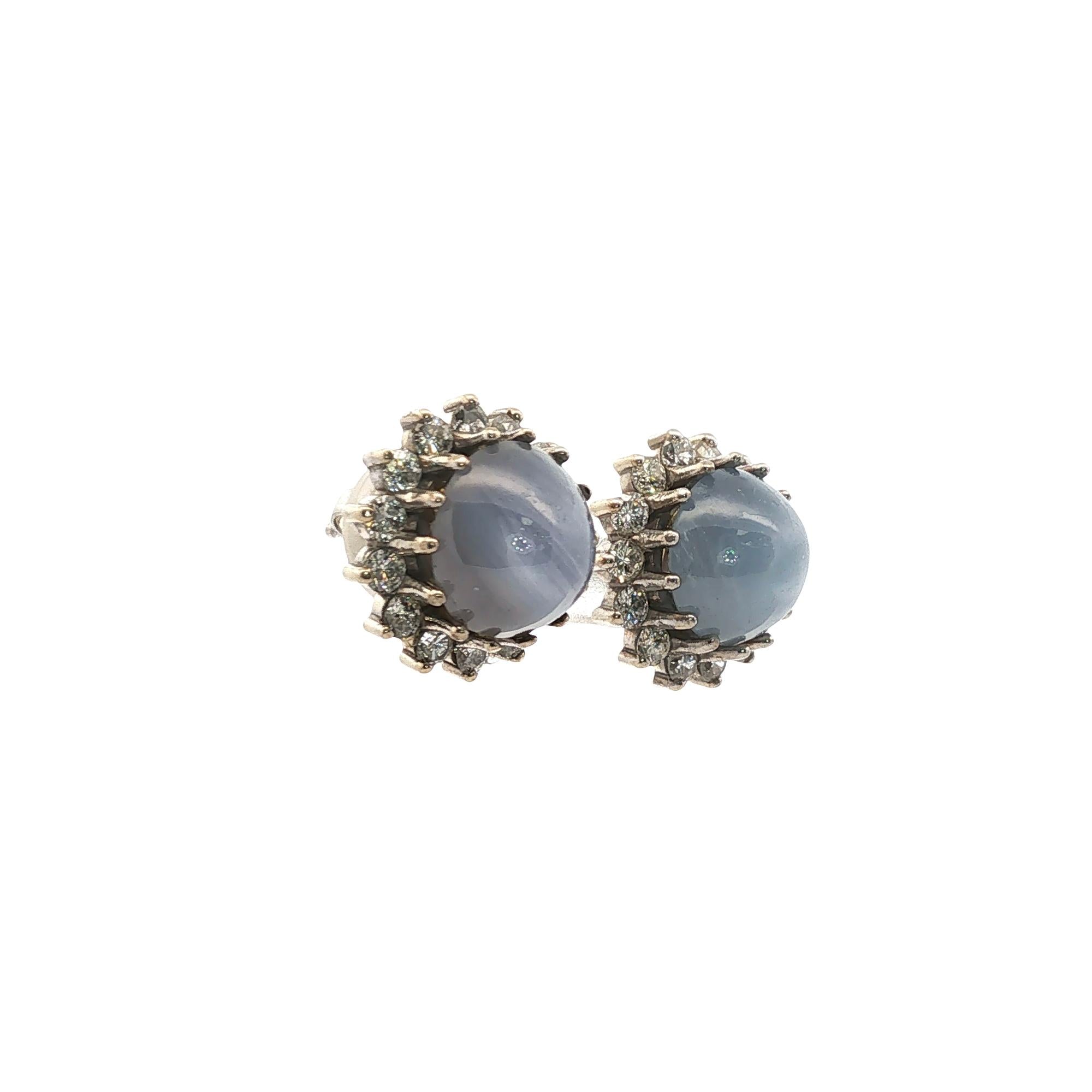 Star Sapphire Diamond 14 Karat White Gold Vintage Stud Earrings