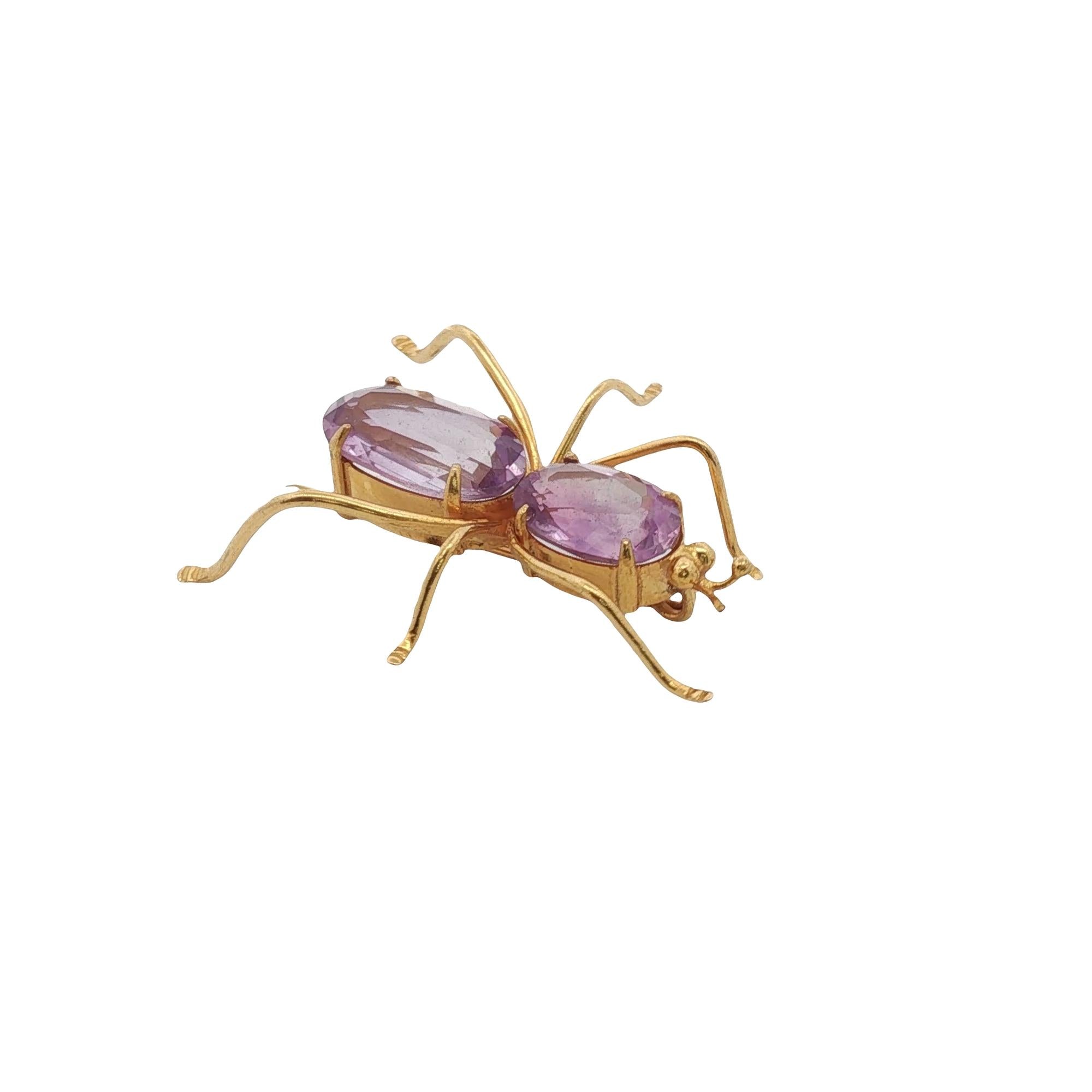 Oval Amethyst Gemstone 18 Karat Yellow Gold Vintage Bug Brooch Pin