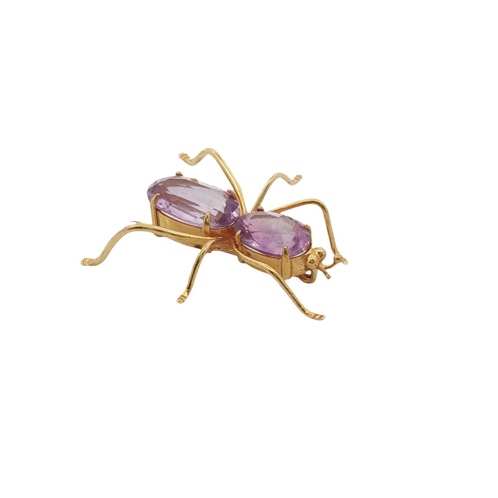 Oval Amethyst Gemstone 18 Karat Yellow Gold Vintage Bug Brooch Pin