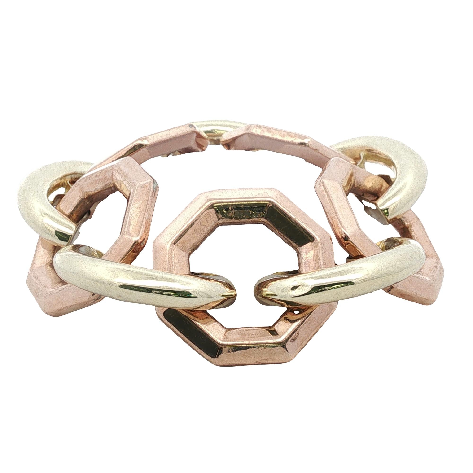 Retro Yellow & Rose Gold Octagonal Link Vintage Bracelet 7.5 Inches
