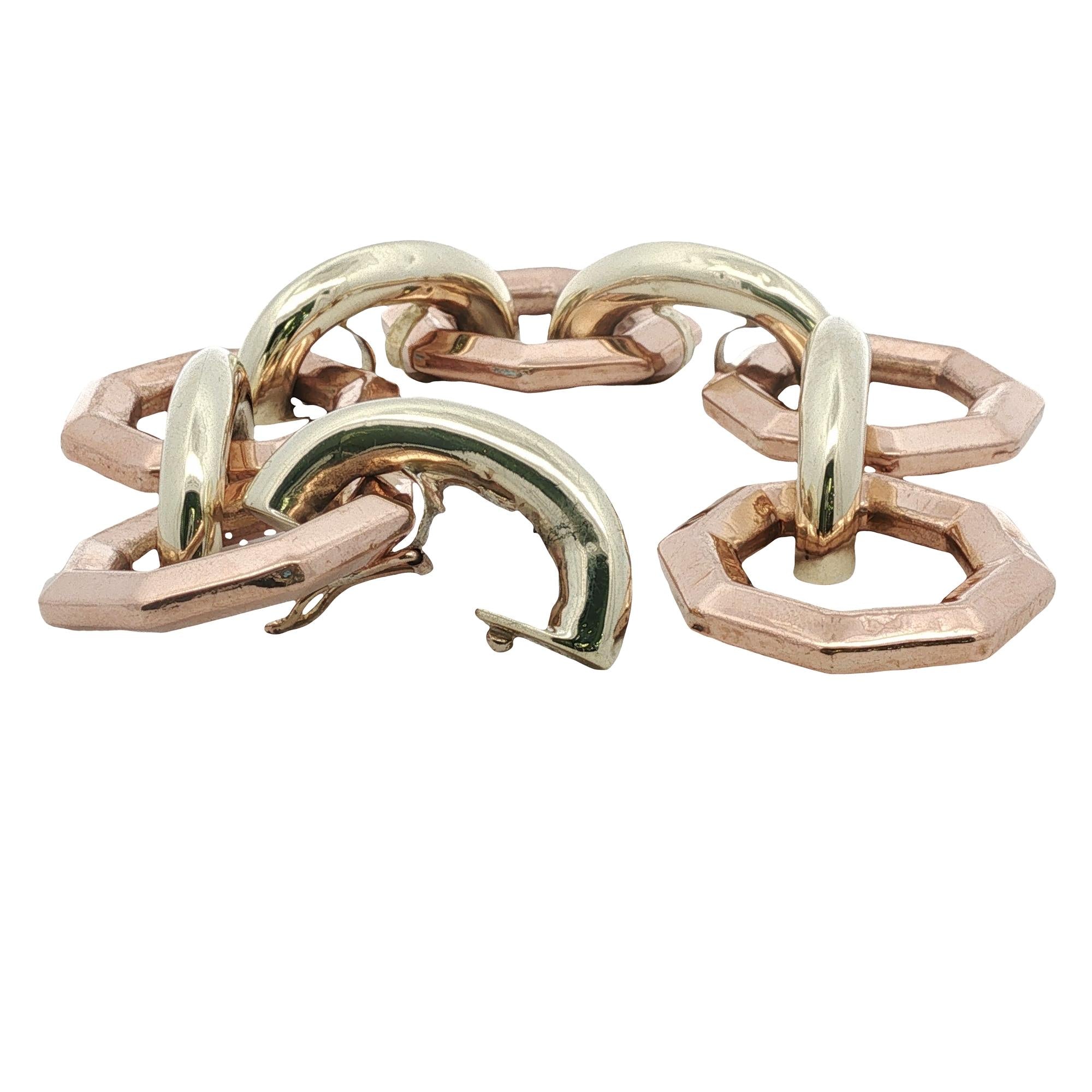 Retro Yellow & Rose Gold Octagonal Link Vintage Bracelet 7.5 Inches