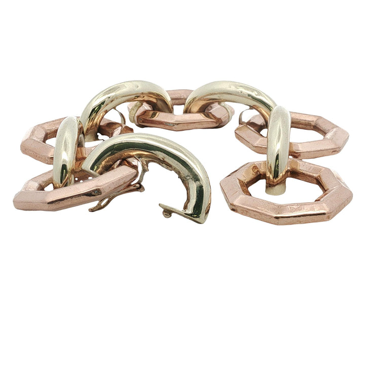 Retro Yellow & Rose Gold Octagonal Link Vintage Bracelet 7.5 Inches