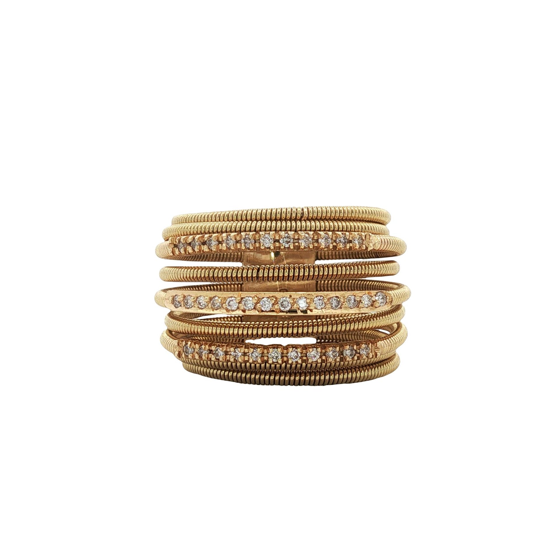Multi Row Tubogas Diamond 18 Karat Yellow Gold Wide Modern Band Ring
