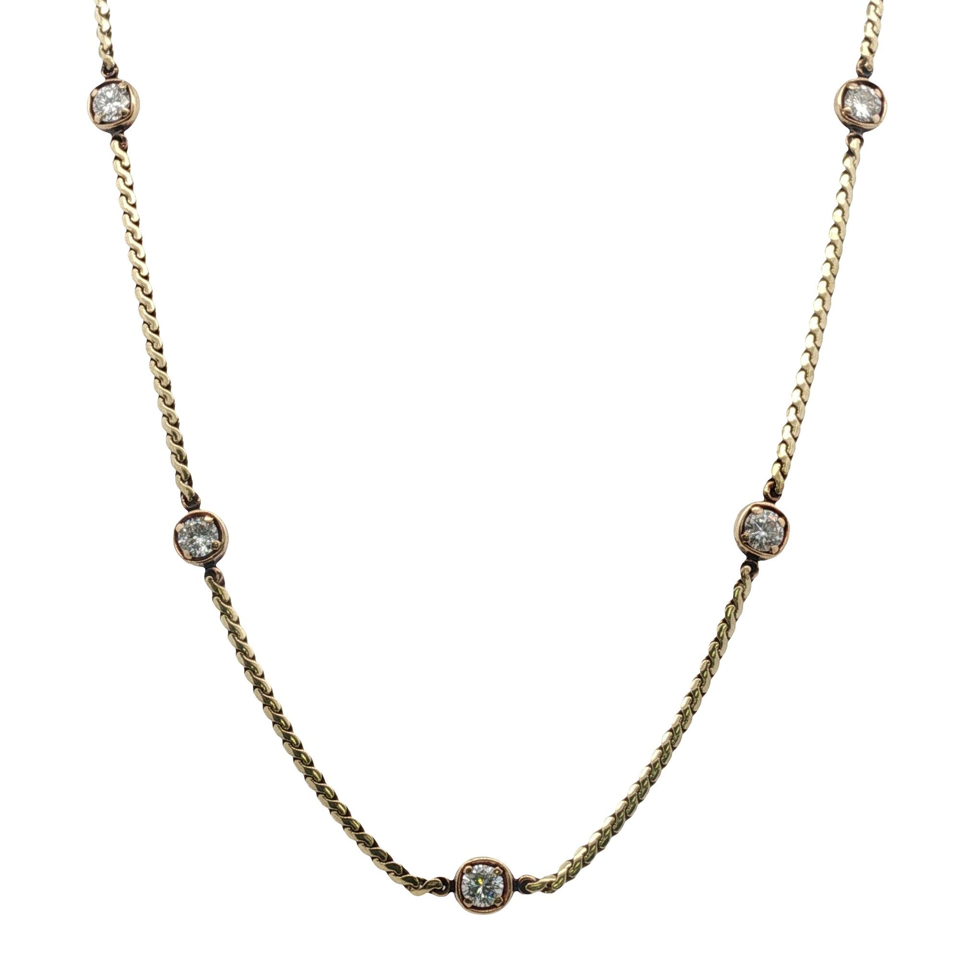 Five Diamond Station Bezel Set 14 Karat Yellow Gold Link Necklace 17 Inches