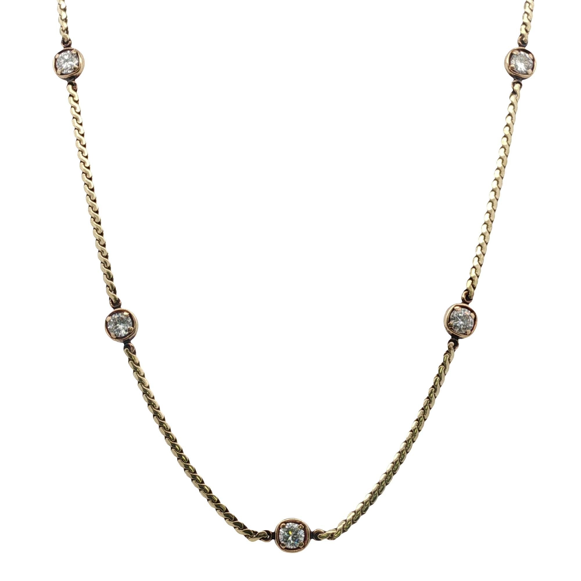 Five Diamond Station Bezel Set 14 Karat Yellow Gold Link Necklace 17 Inches