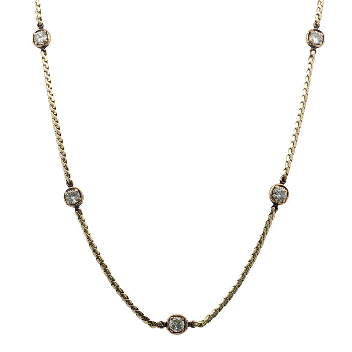 Five Diamond Station Bezel Set 14 Karat Yellow Gold Link Necklace 17 Inches