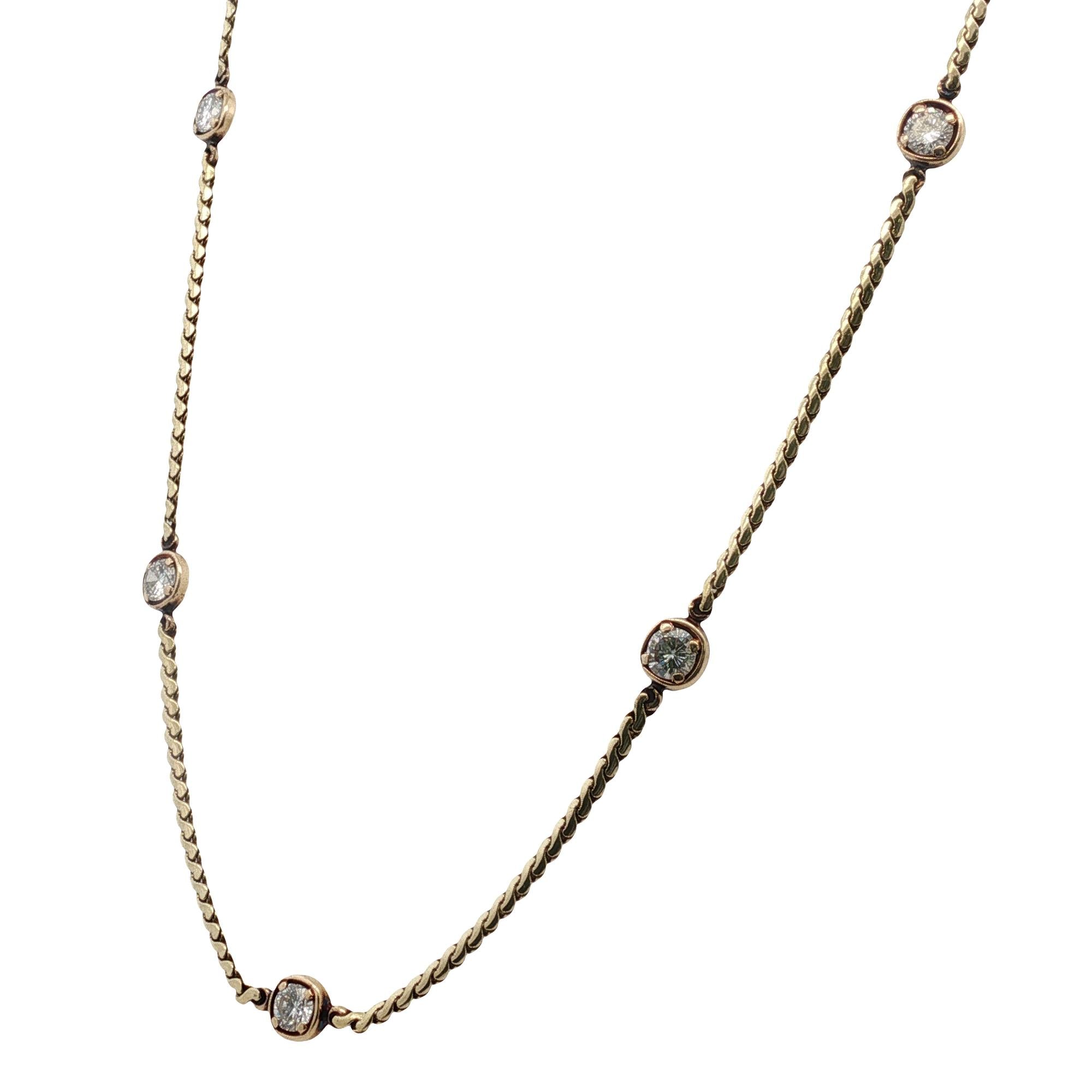 Five Diamond Station Bezel Set 14 Karat Yellow Gold Link Necklace 17 Inches