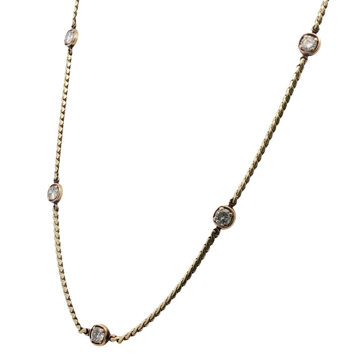 Five Diamond Station Bezel Set 14 Karat Yellow Gold Link Necklace 17 Inches
