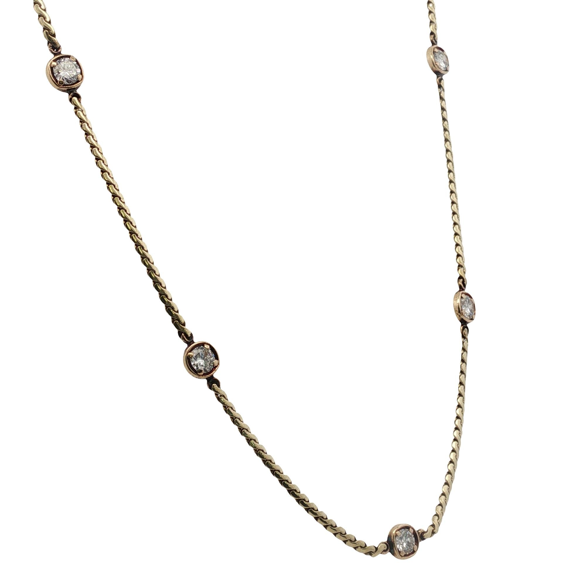 Five Diamond Station Bezel Set 14 Karat Yellow Gold Link Necklace 17 Inches