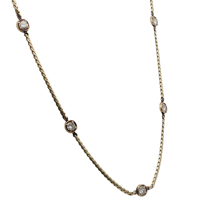 Five Diamond Station Bezel Set 14 Karat Yellow Gold Link Necklace 17 Inches