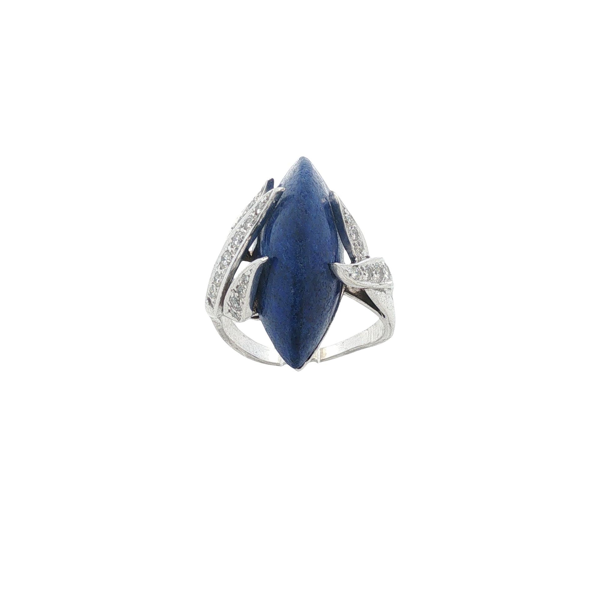 Marquise-Shape Cabochon Lapis Lazuli Diamond 14 Karat White Gold Vintage Ring