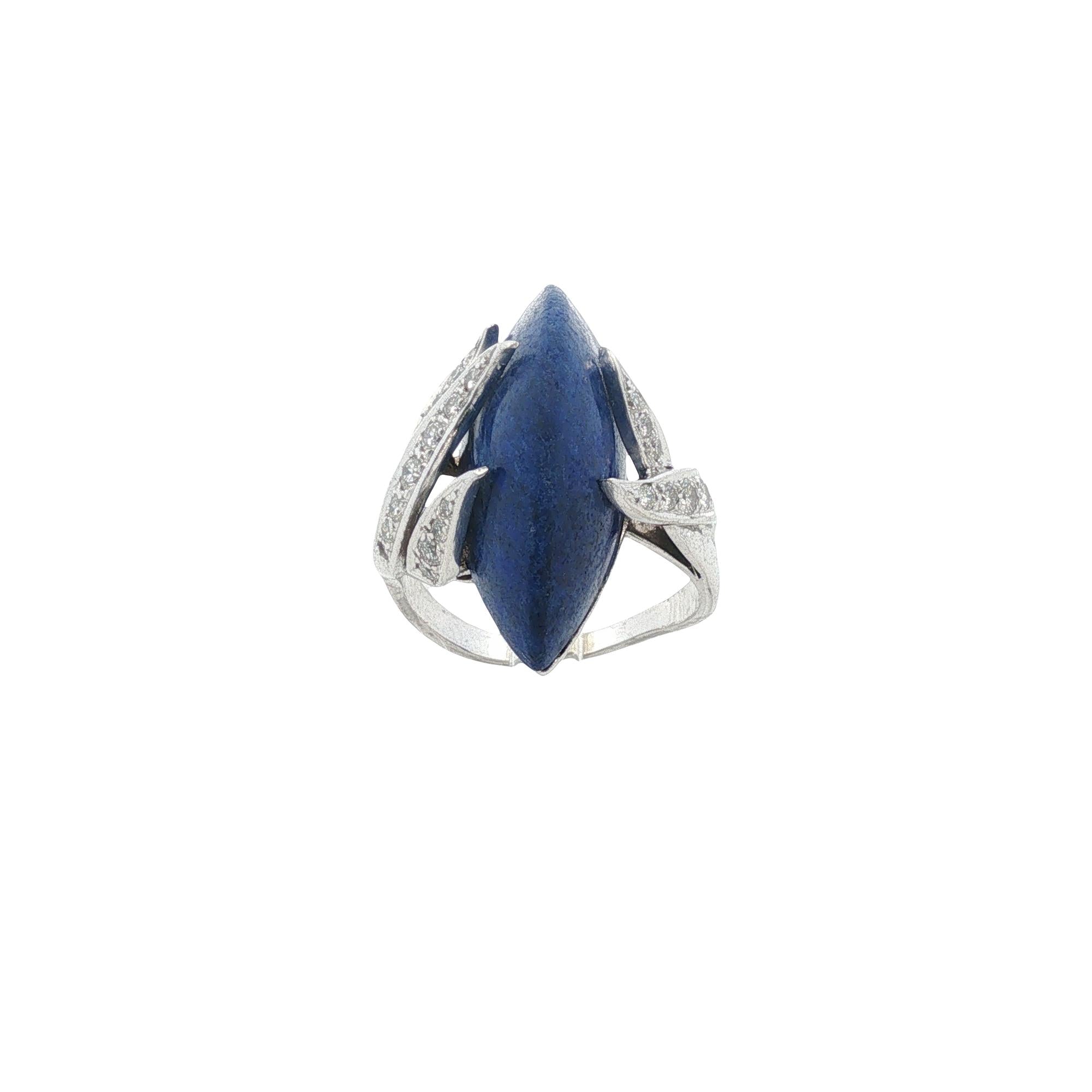 Marquise-Shape Cabochon Lapis Lazuli Diamond 14 Karat White Gold Vintage Ring