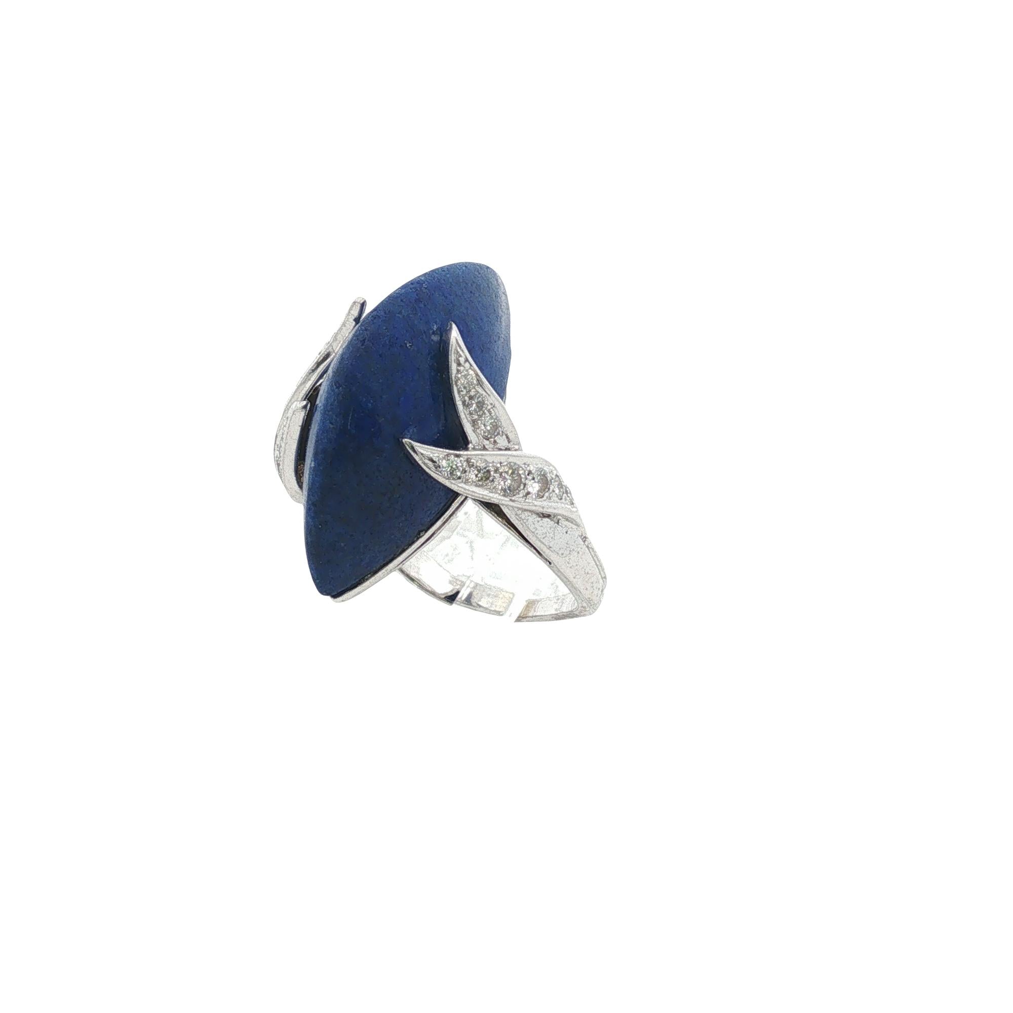 Marquise-Shape Cabochon Lapis Lazuli Diamond 14 Karat White Gold Vintage Ring