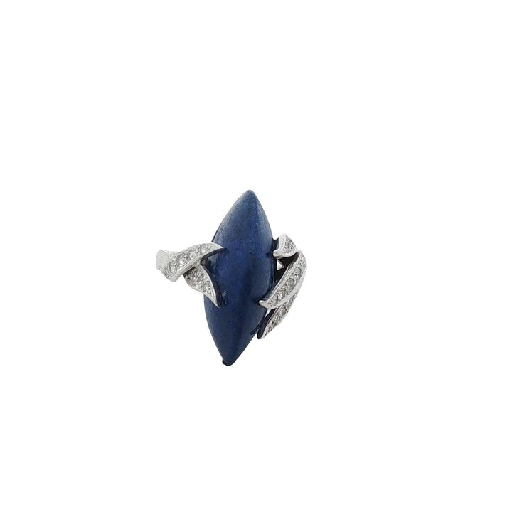 Marquise-Shape Cabochon Lapis Lazuli Diamond 14 Karat White Gold Vintage Ring