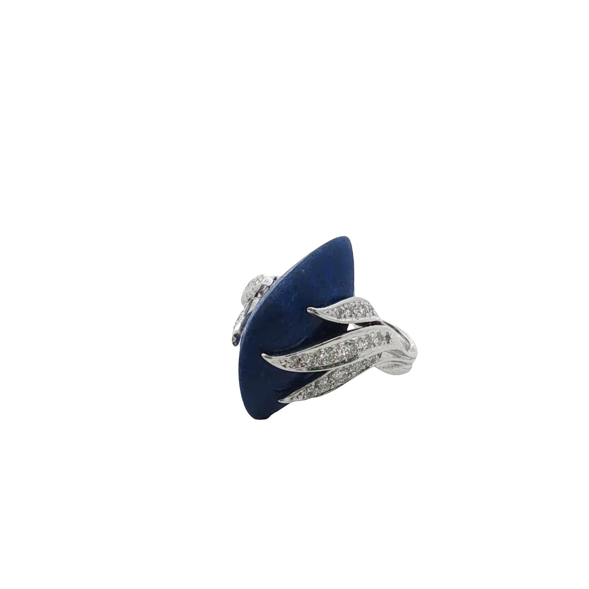 Marquise-Shape Cabochon Lapis Lazuli Diamond 14 Karat White Gold Vintage Ring