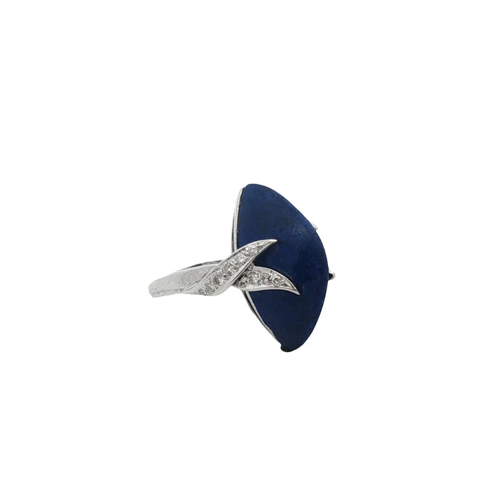 Marquise-Shape Cabochon Lapis Lazuli Diamond 14 Karat White Gold Vintage Ring