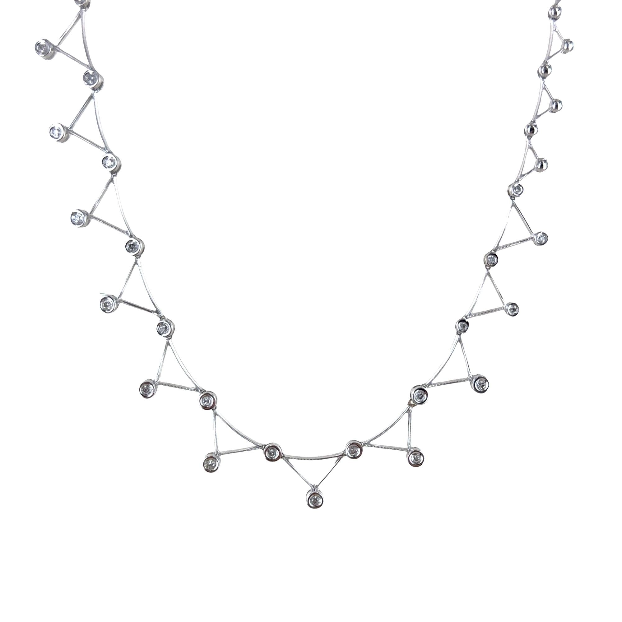 Bezel Set Diamond 14 Karat White Gold Triangular Link Modern Necklace