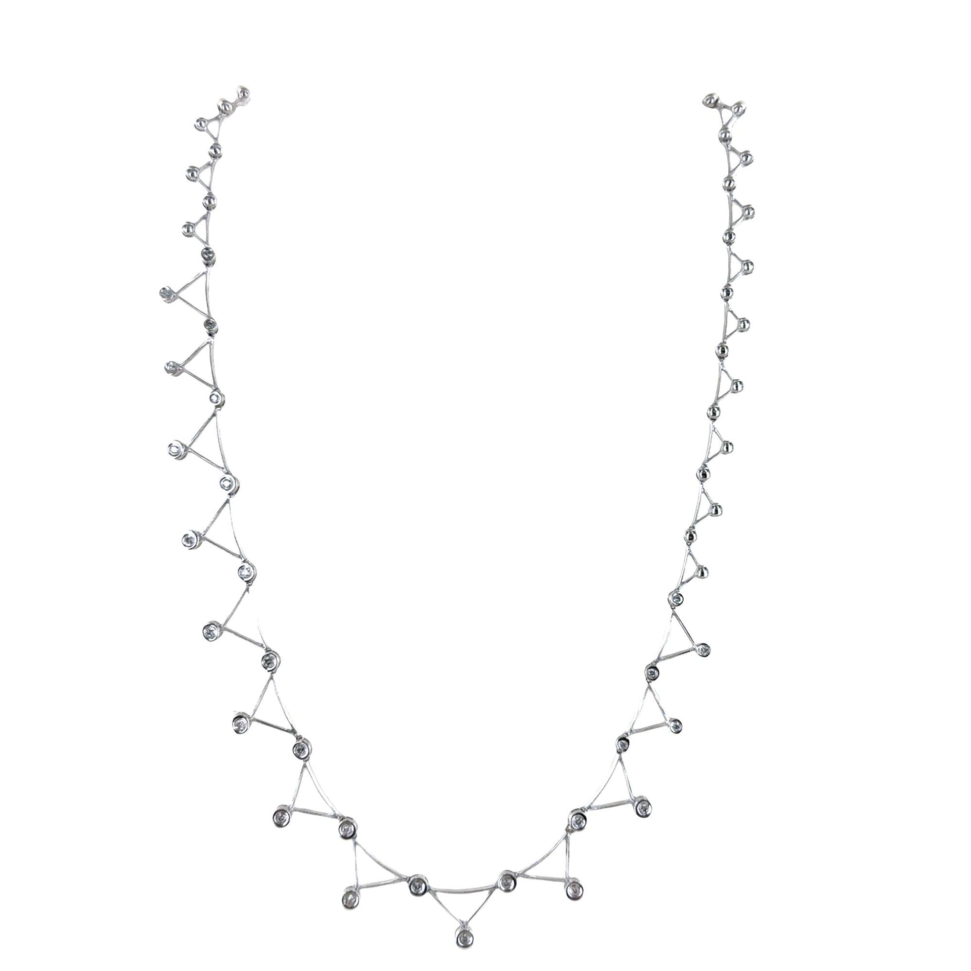 Bezel Set Diamond 14 Karat White Gold Triangular Link Modern Necklace