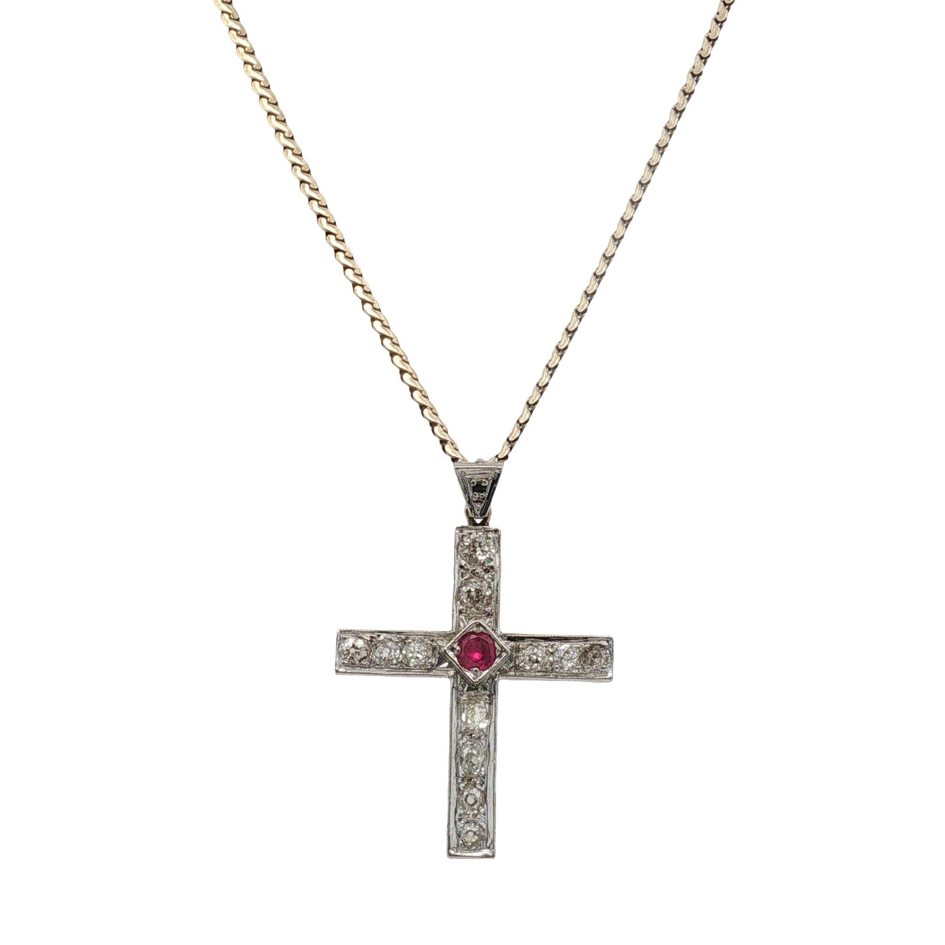 Old Mine Cut Diamond Ruby 14 Karat Yellow Gold Cross Pendant Necklace