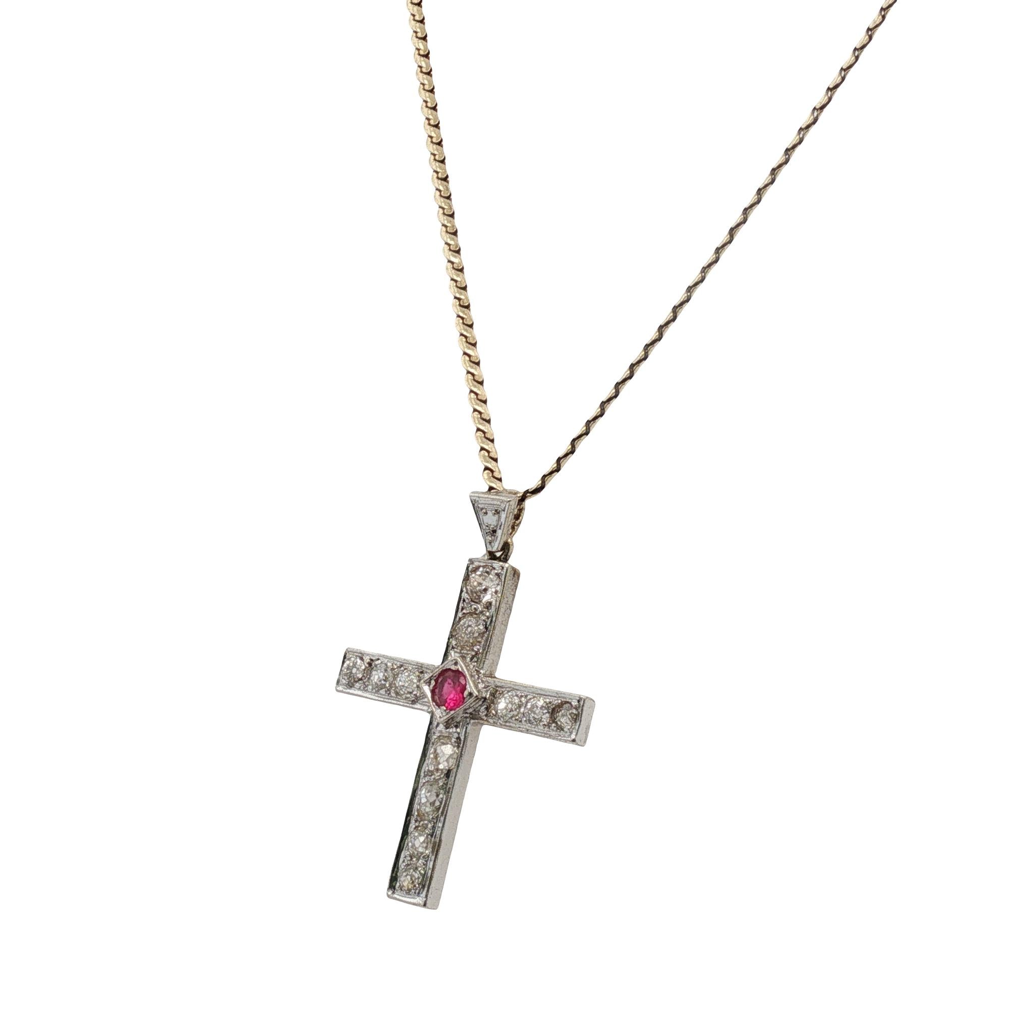 Old Mine Cut Diamond Ruby 14 Karat Yellow Gold Cross Pendant Necklace
