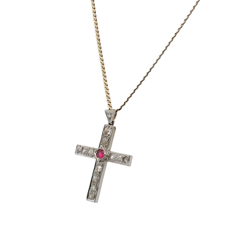 Old Mine Cut Diamond Ruby 14 Karat Yellow Gold Cross Pendant Necklace