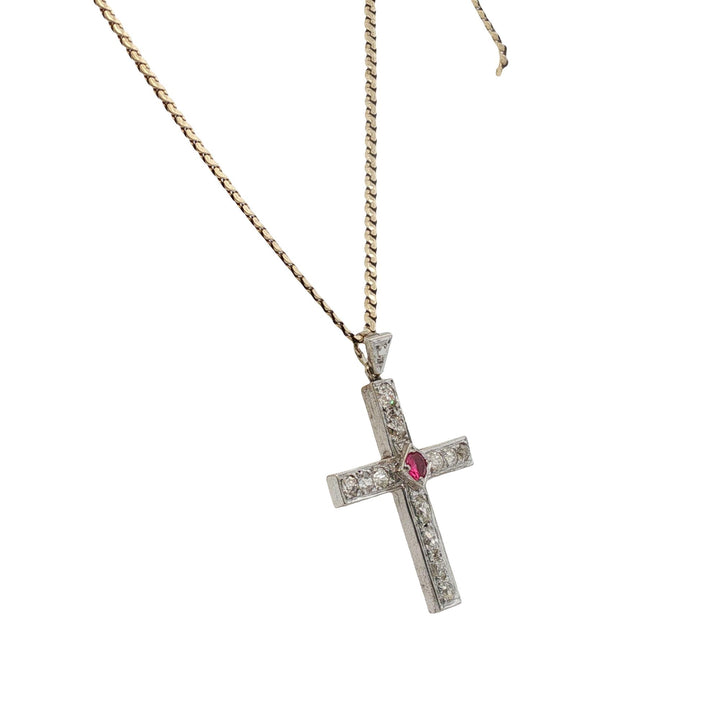 Old Mine Cut Diamond Ruby 14 Karat Yellow Gold Cross Pendant Necklace