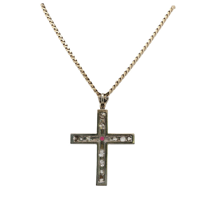 Old Mine Cut Diamond Ruby 14 Karat Yellow Gold Cross Pendant Necklace