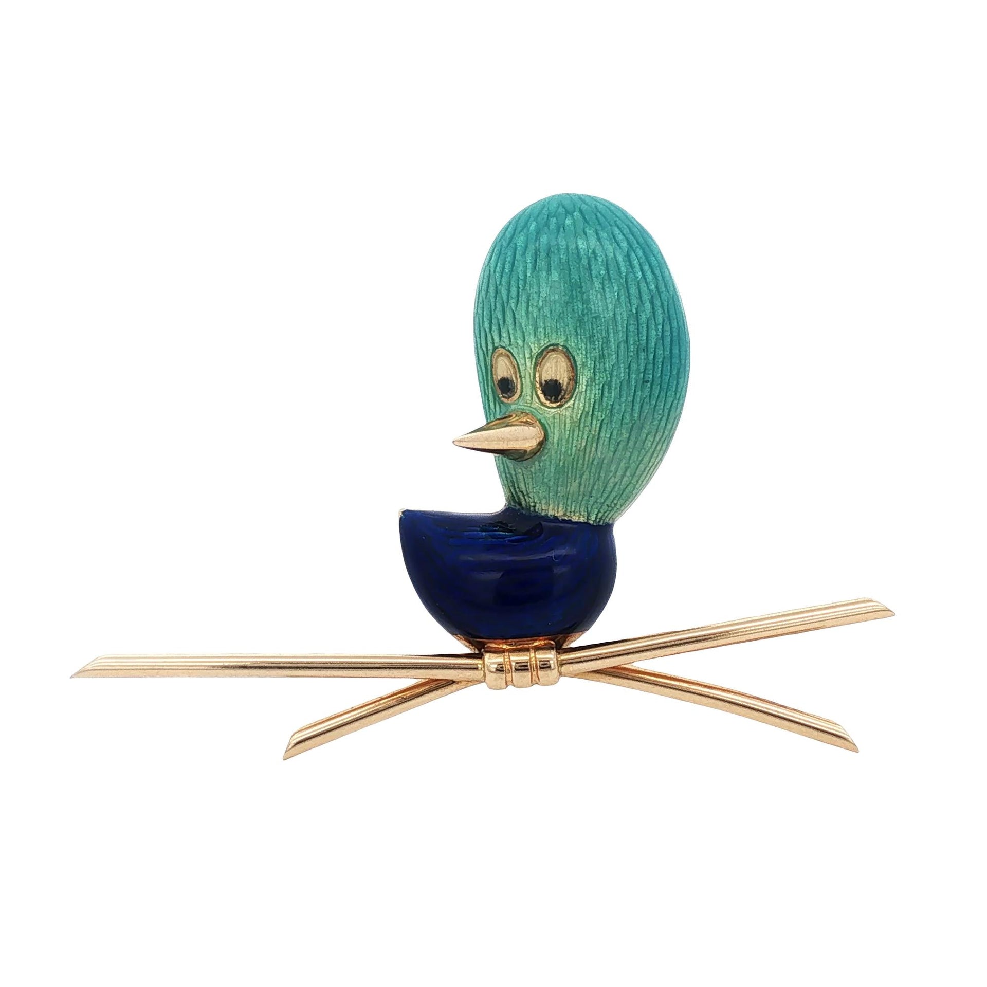 Blue Enamel 18 Karat Yellow Gold Italian Bird Pin Brooch Via De Gioielli