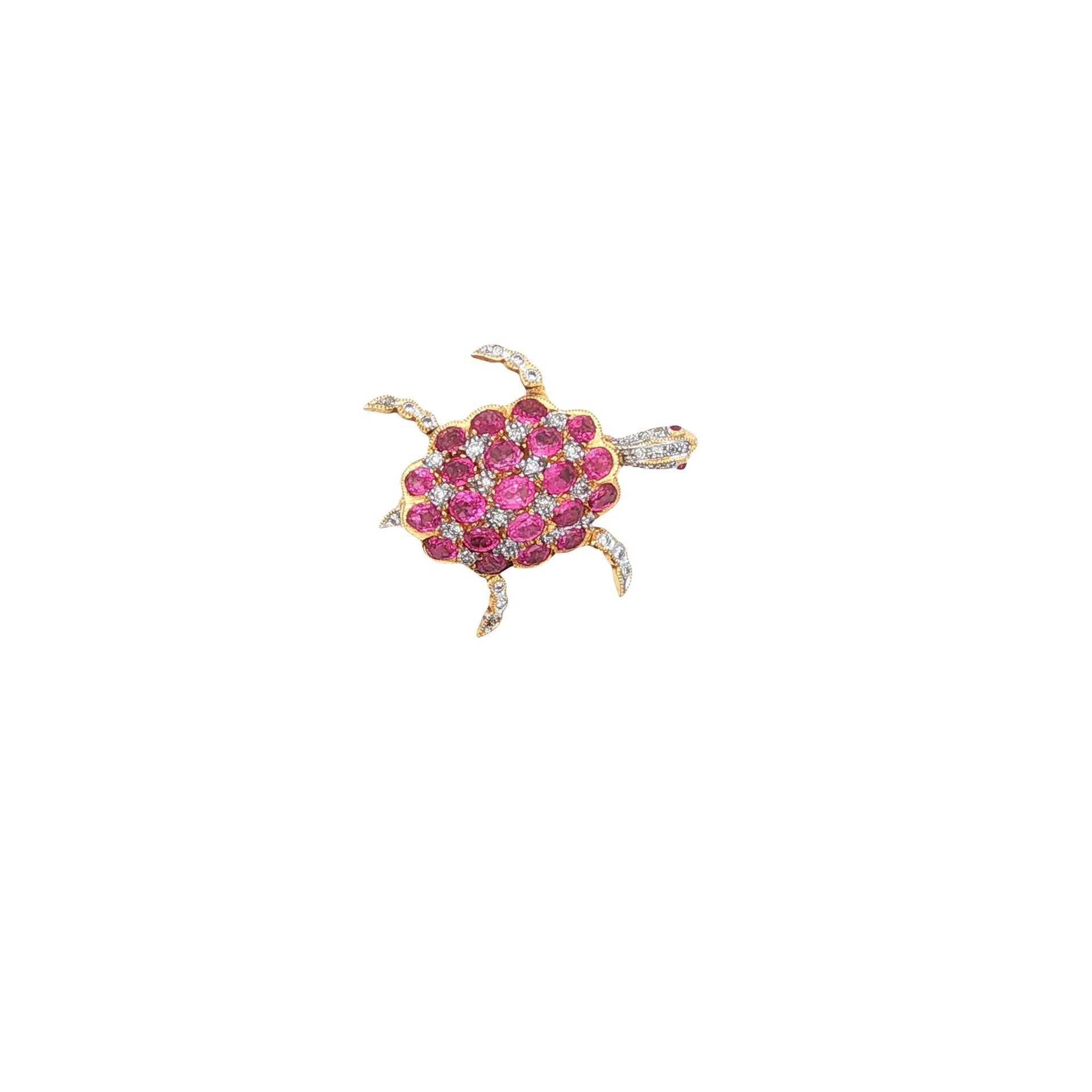 Ruby & Diamond 18 Karat Yellow Gold Vintage Turtle Brooch Pin