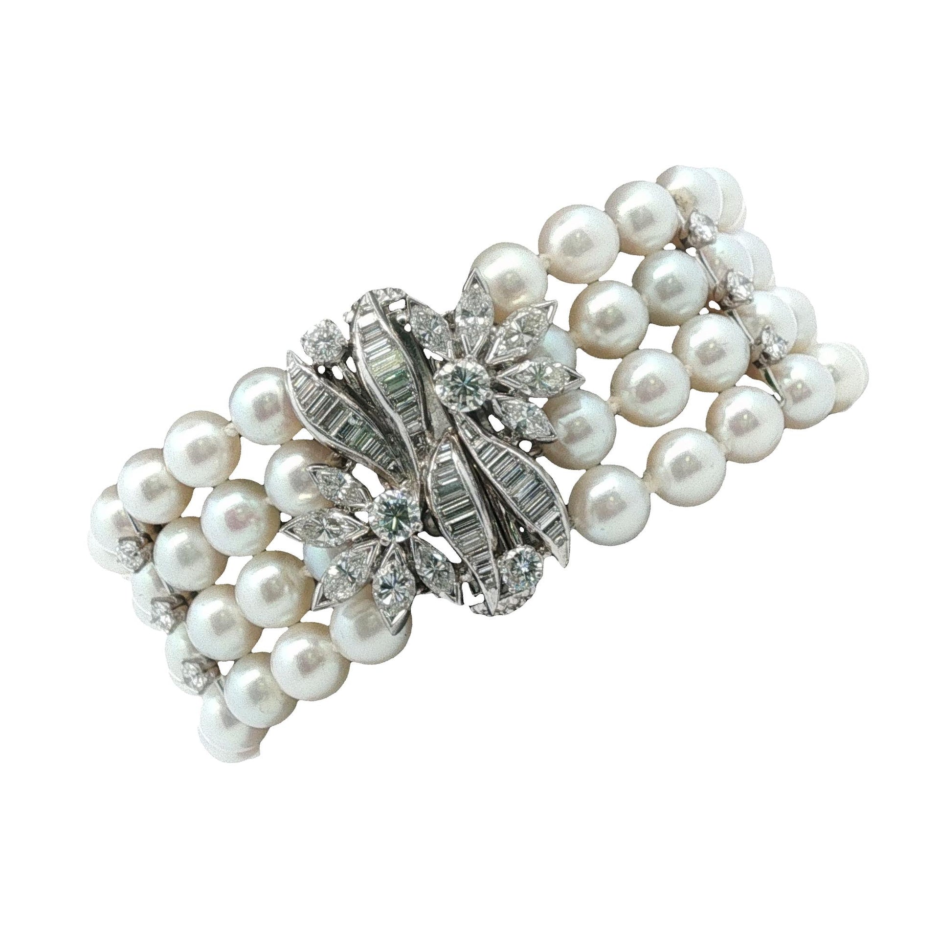 Multi-Row Pearl Bracelet Diamodn 14 Karat White Gold Clasp