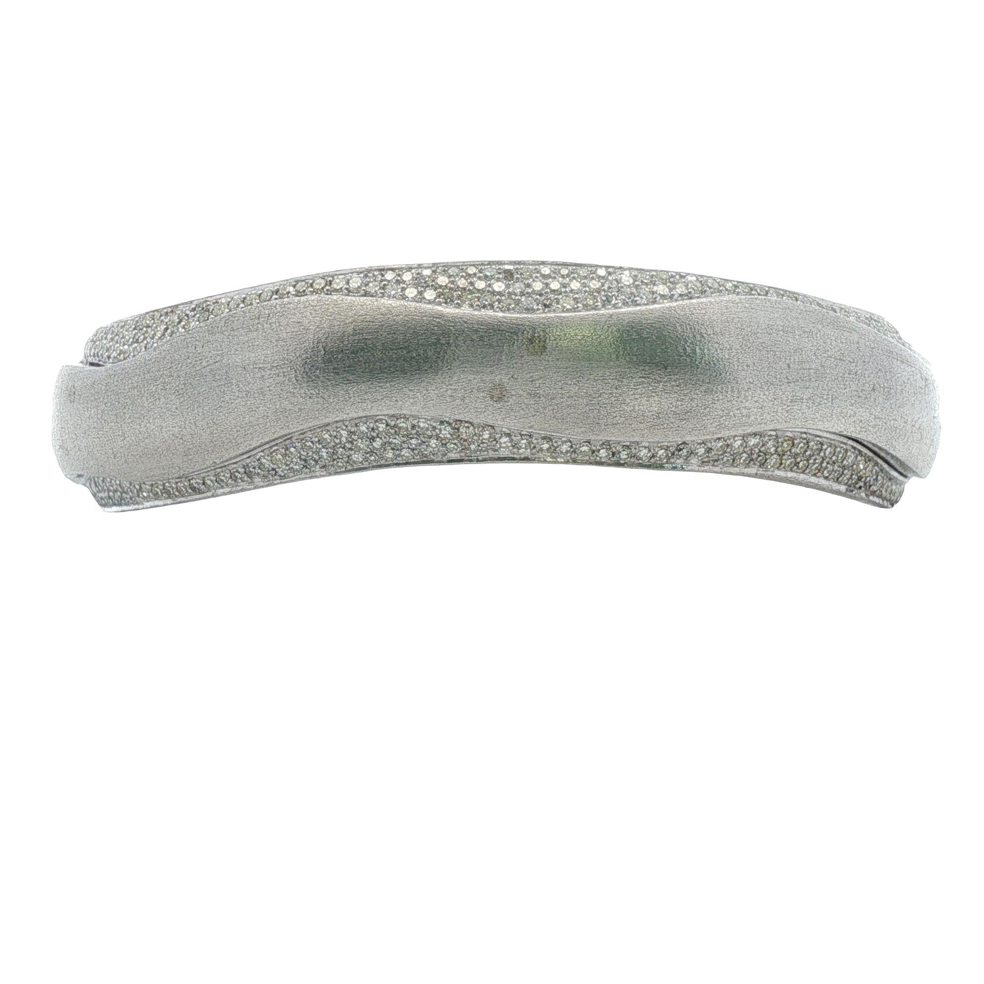 Diamond Satin Finish Sterling Silver Wavey Hinged Bangle Bracelet