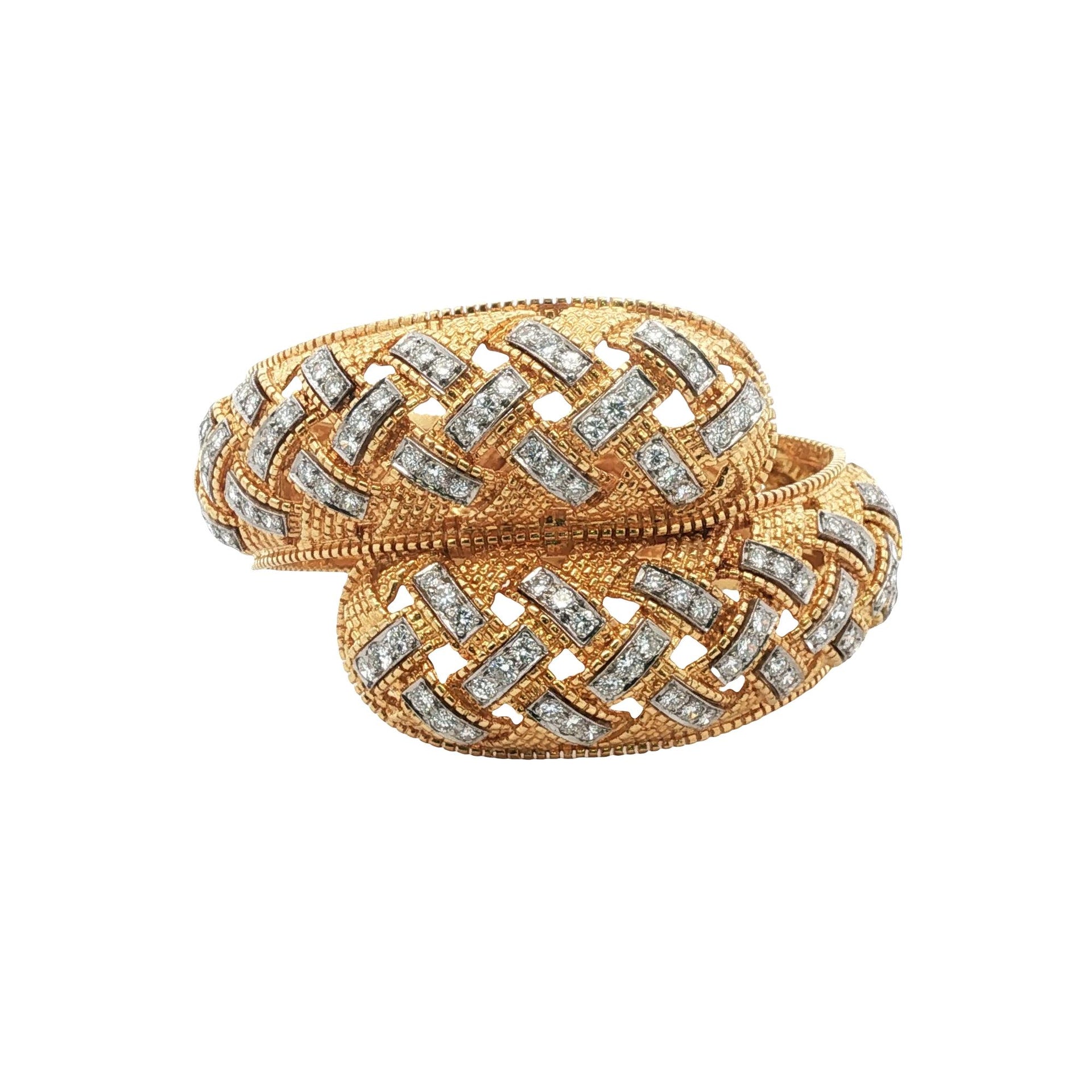 Diamond 18 Karat Yellow Gold Lattice Design Bypass Hinged Bangle Bracelet