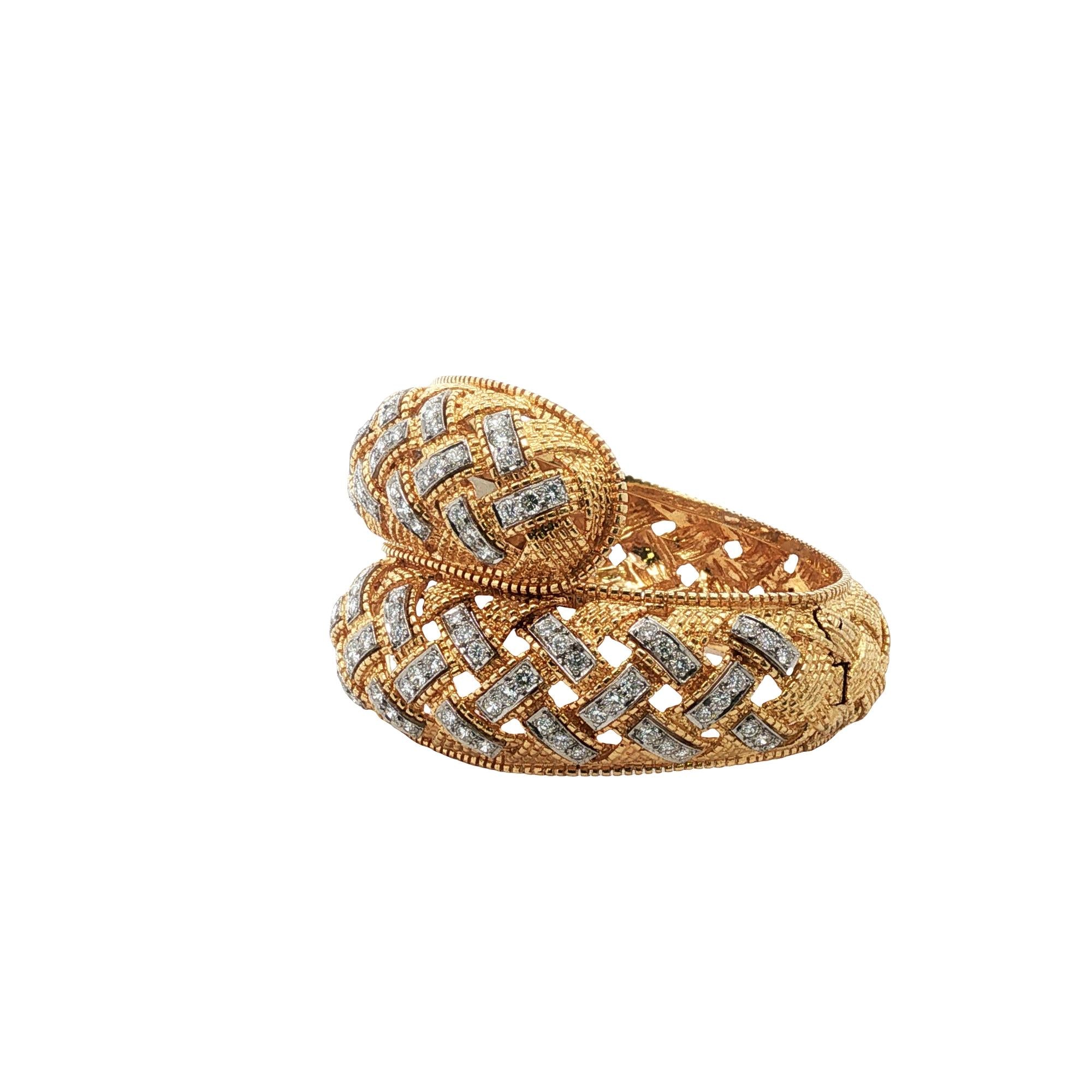 Diamond 18 Karat Yellow Gold Lattice Design Bypass Hinged Bangle Bracelet