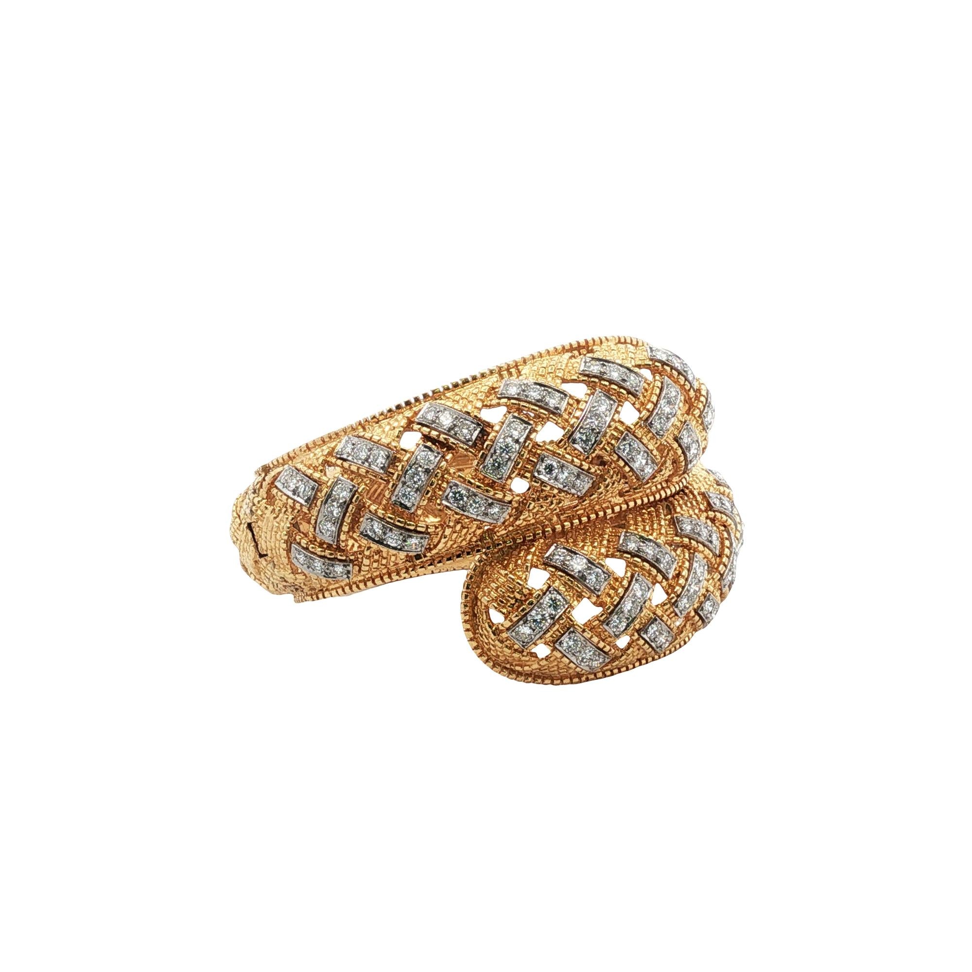 Diamond 18 Karat Yellow Gold Lattice Design Bypass Hinged Bangle Bracelet